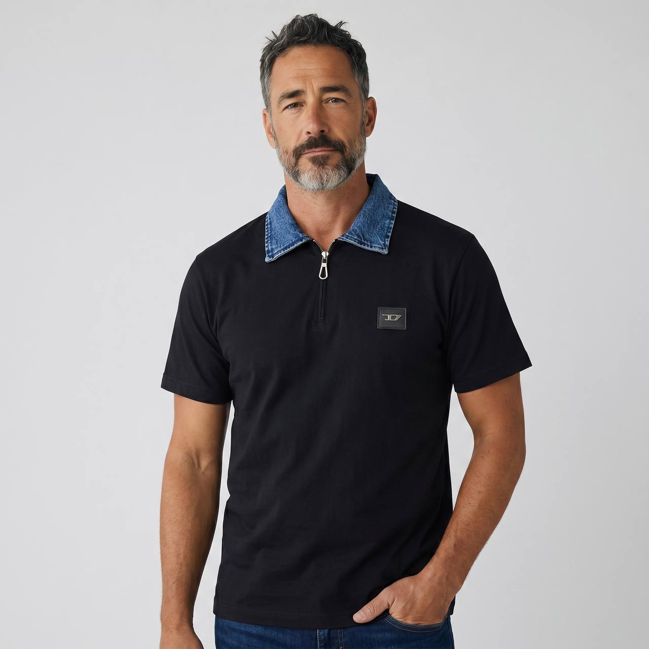 Diesel Denim Collar Zip Polo – Midnight Black Edition 👕🔥