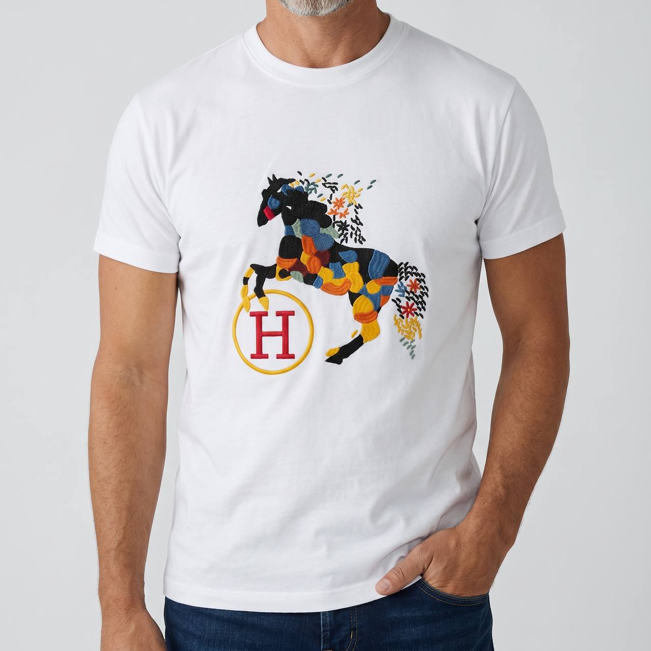 Hermès Artistic Horse Embroidered T-Shirt – White Luxury Edition 🐎✨