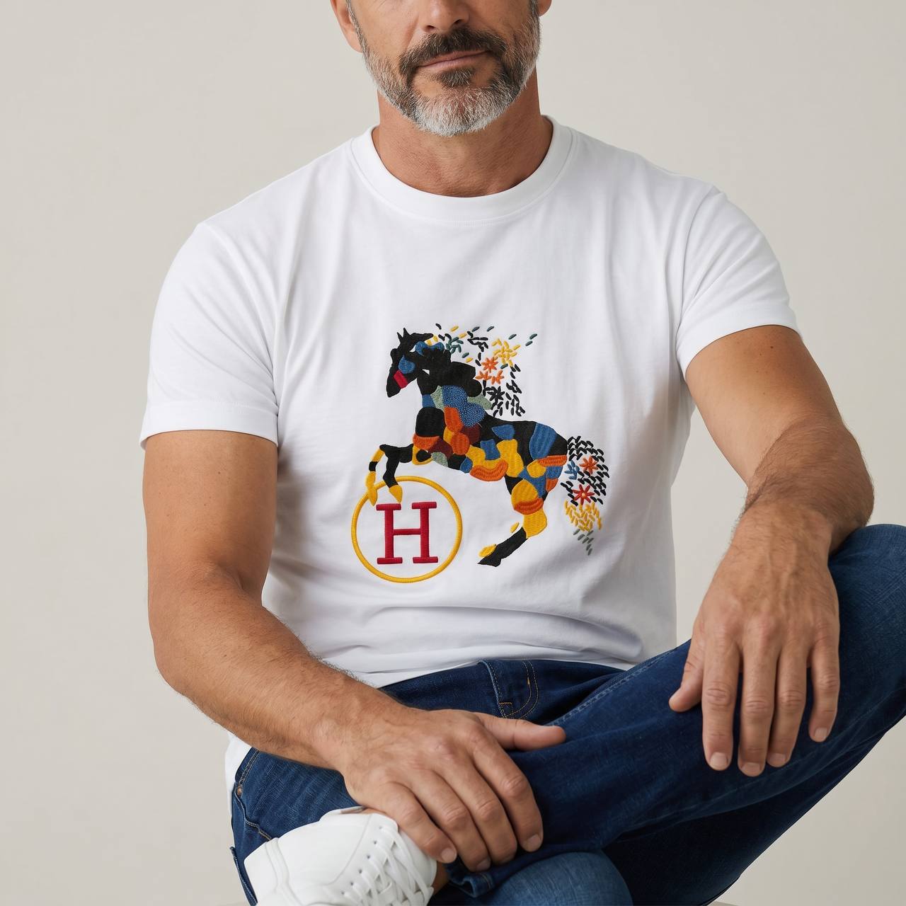 Hermès Artistic Horse Embroidered T-Shirt – White Luxury Edition 🐎✨