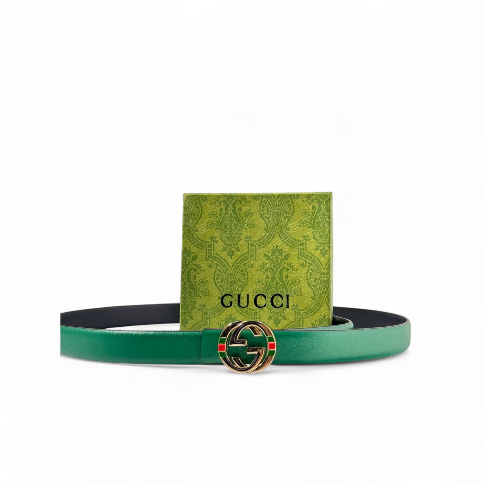Gucci Green Leather Belt 💚🟥 – GG Logo Buckle with Signature Web Detail