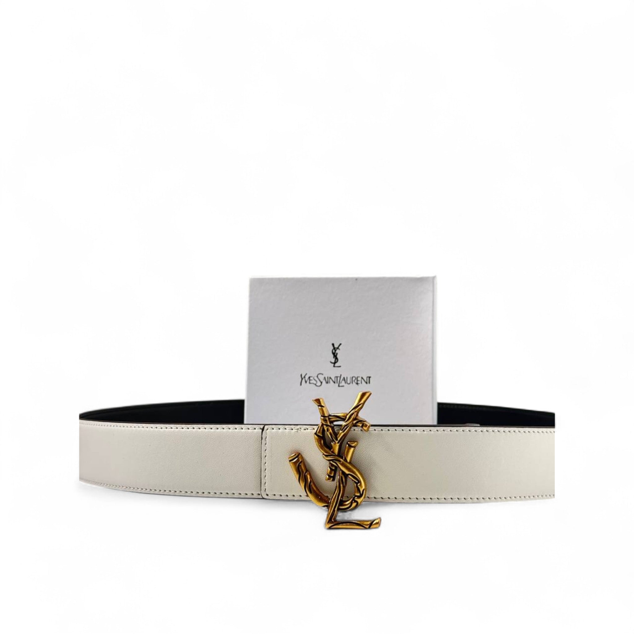 Saint Laurent YSL Off-White Leather Belt 🤍✨ – Golden Monogram Statement