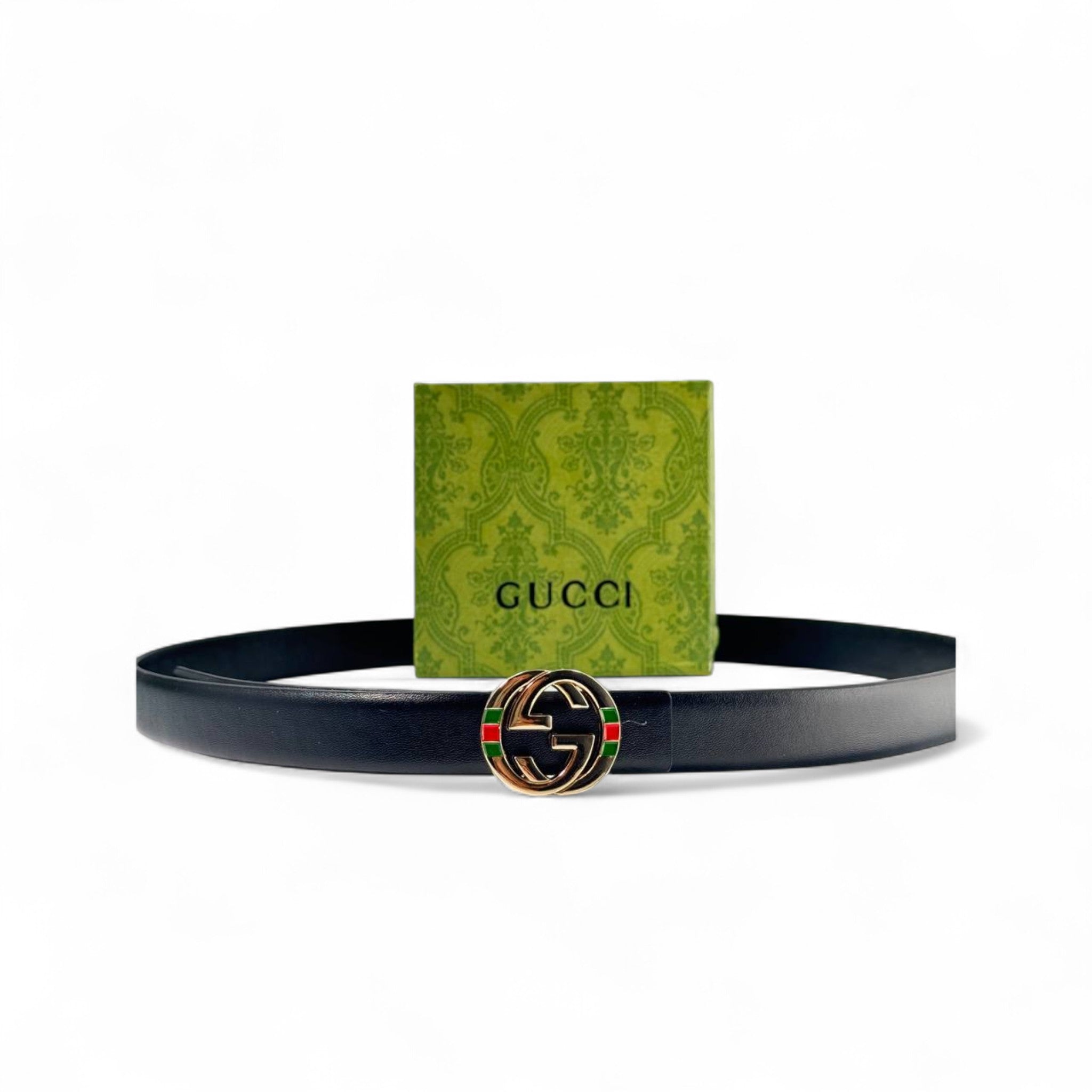 Gucci GG Black Leather Belt 🖤🟥🟩 – Classic Gold Logo with Web Detailing
