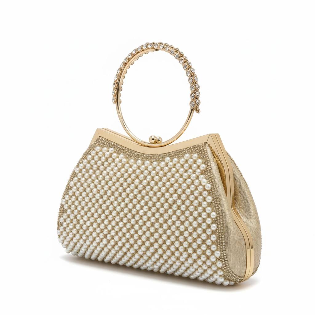 Pearl Royale Gold Clutch ✨🤍 | Elegant Evening Bag with Crystal Ring Handle