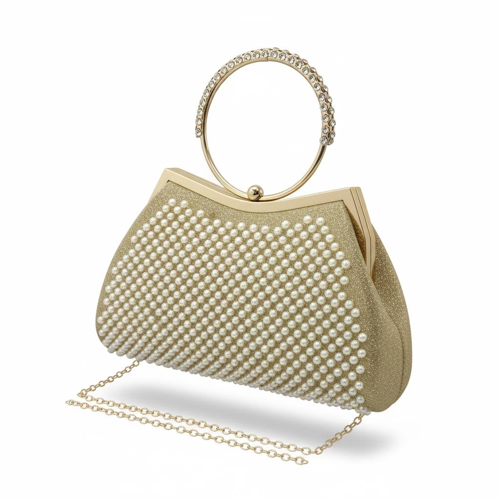 Pearl Royale Gold Clutch ✨🤍 | Elegant Evening Bag with Crystal Ring Handle