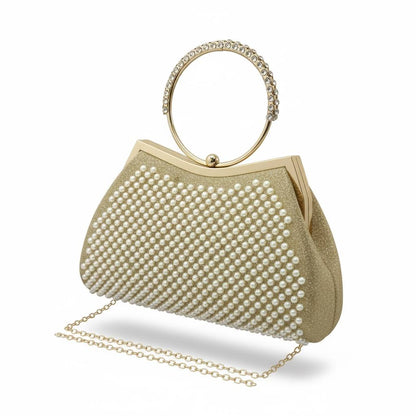 Pearl Royale Gold Clutch ✨🤍 | Elegant Evening Bag with Crystal Ring Handle