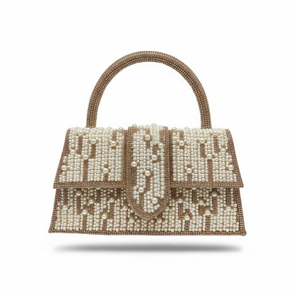 Pearl Luxe Monogram Top Handle Bag ✨🤍 | Gold Embellished Statement Handbag