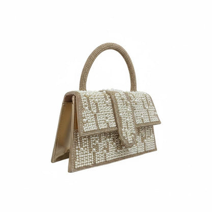 Pearl Luxe Monogram Top Handle Bag ✨🤍 | Gold Embellished Statement Handbag