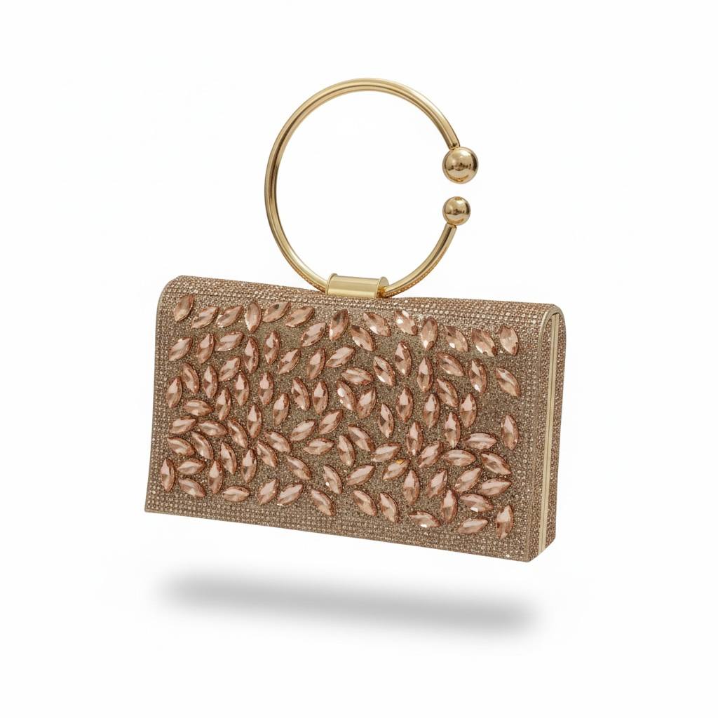 Rose Gold Leaf Crystal Clutch ✨🌸 | Elegant Ring Handle Evening Bag