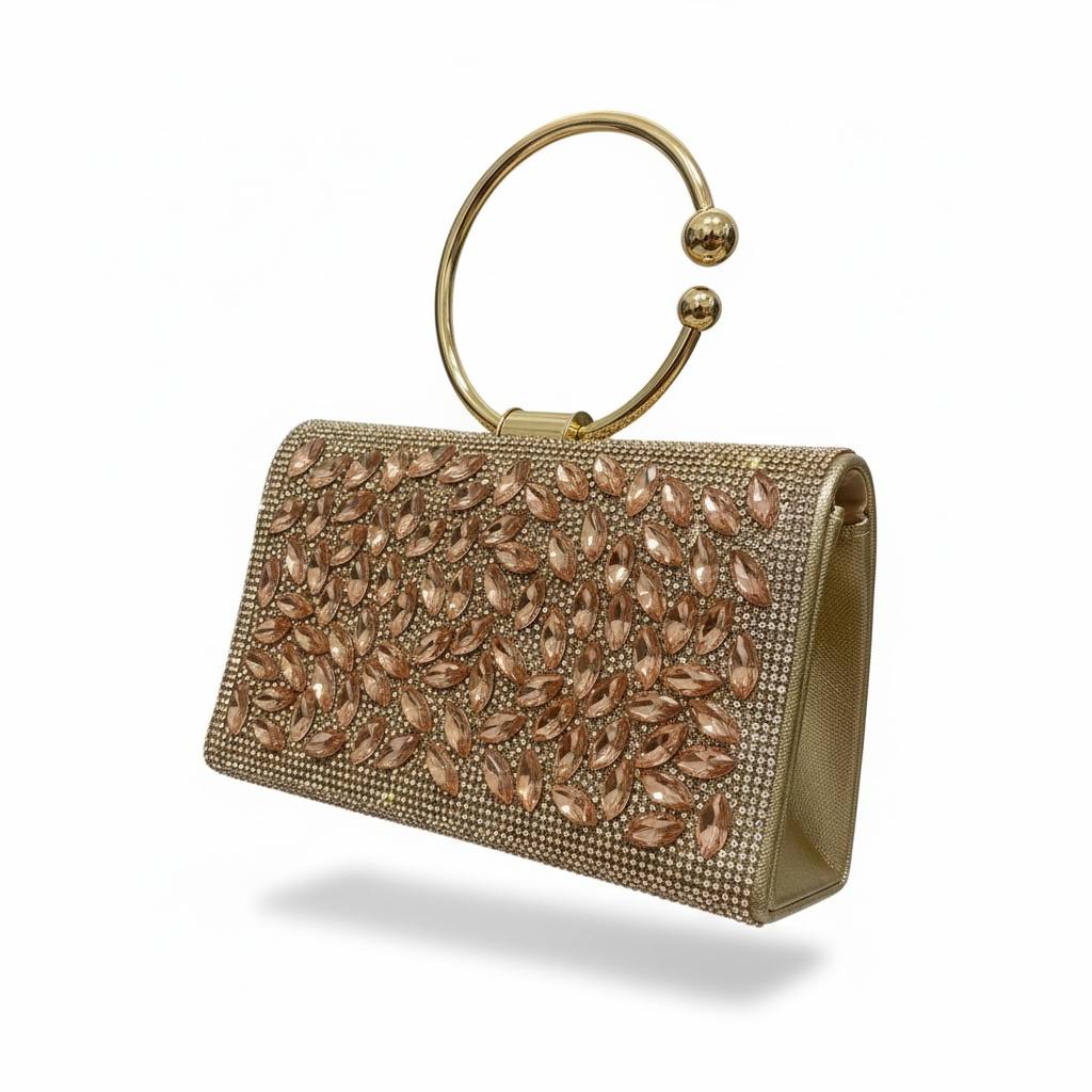 Rose Gold Leaf Crystal Clutch ✨🌸 | Elegant Ring Handle Evening Bag