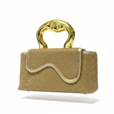 Golden Sculpted Crystal Clutch ✨💛 | Metallic Handle Luxury Evening Bag