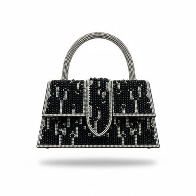 Midnight Pearl Monogram Handbag ✨🖤 | Black & Silver Statement Top Handle Bag