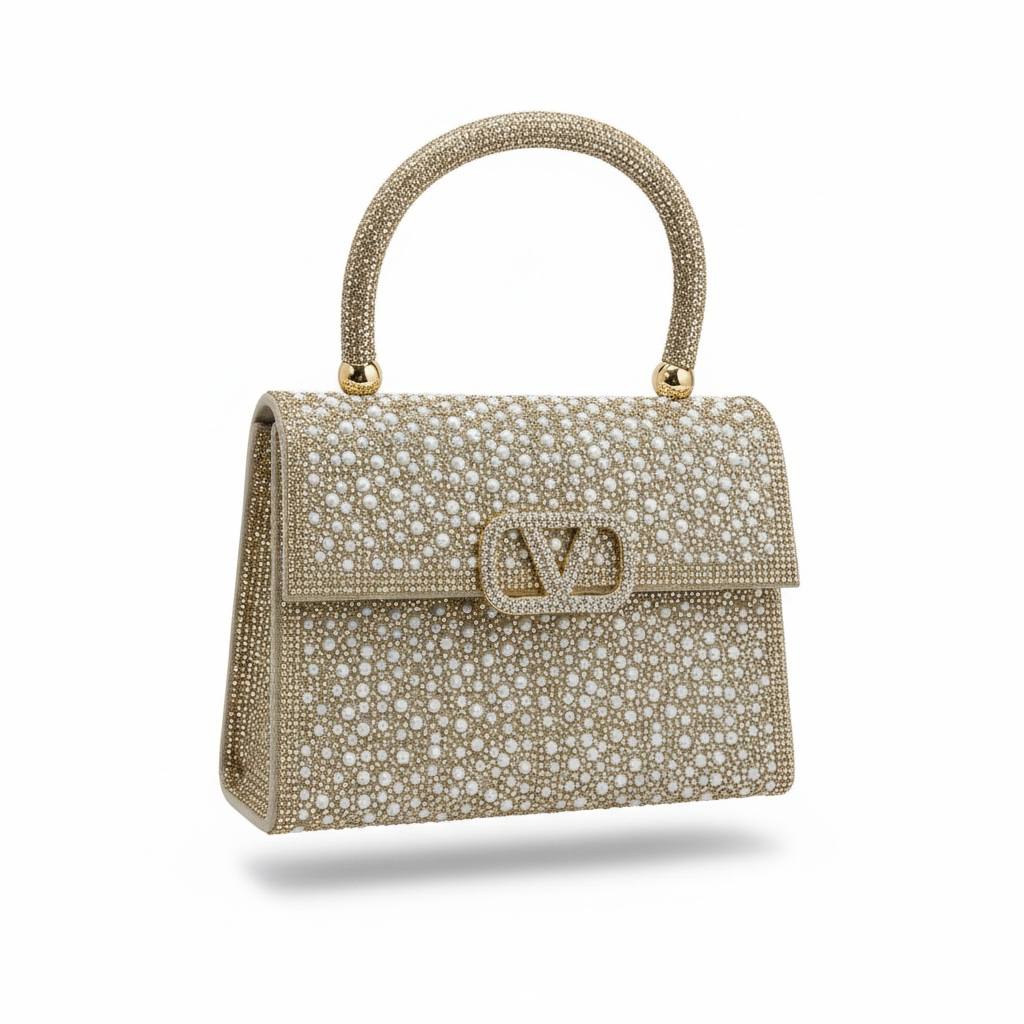 Valentino Garavani Pearl Crystal Top Handle Bag ✨🤍 | Gold Embellished Couture Evening Handbag