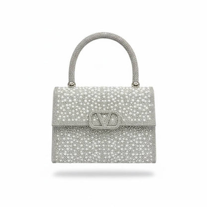 Valentino Garavani Crystal Pearl Top Handle Bag ✨🤍 | Silver Couture Evening Handbag