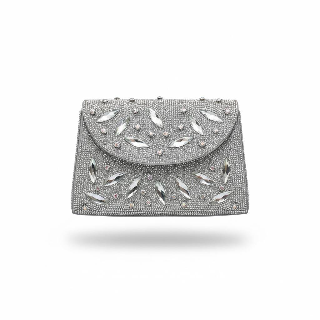Silver Crystal Leaf Clutch ✨🩶 | Embellished Evening Statement Bag