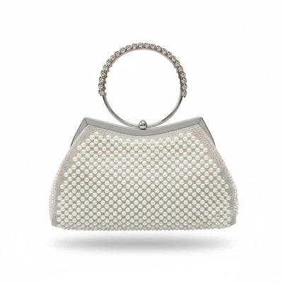Pearl Halo Silver Clutch ✨🤍 | Crystal Ring Handle Evening Bag