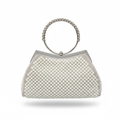 Pearl Halo Silver Clutch ✨🤍 | Crystal Ring Handle Evening Bag