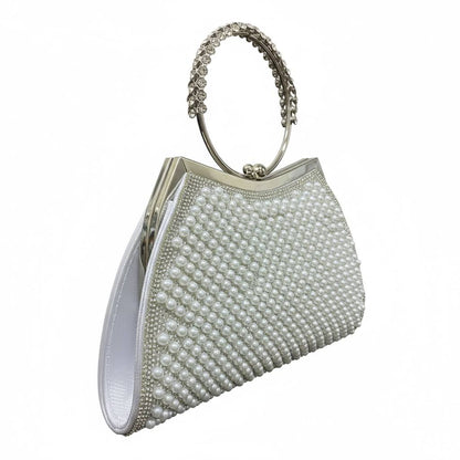 Pearl Halo Silver Clutch ✨🤍 | Crystal Ring Handle Evening Bag