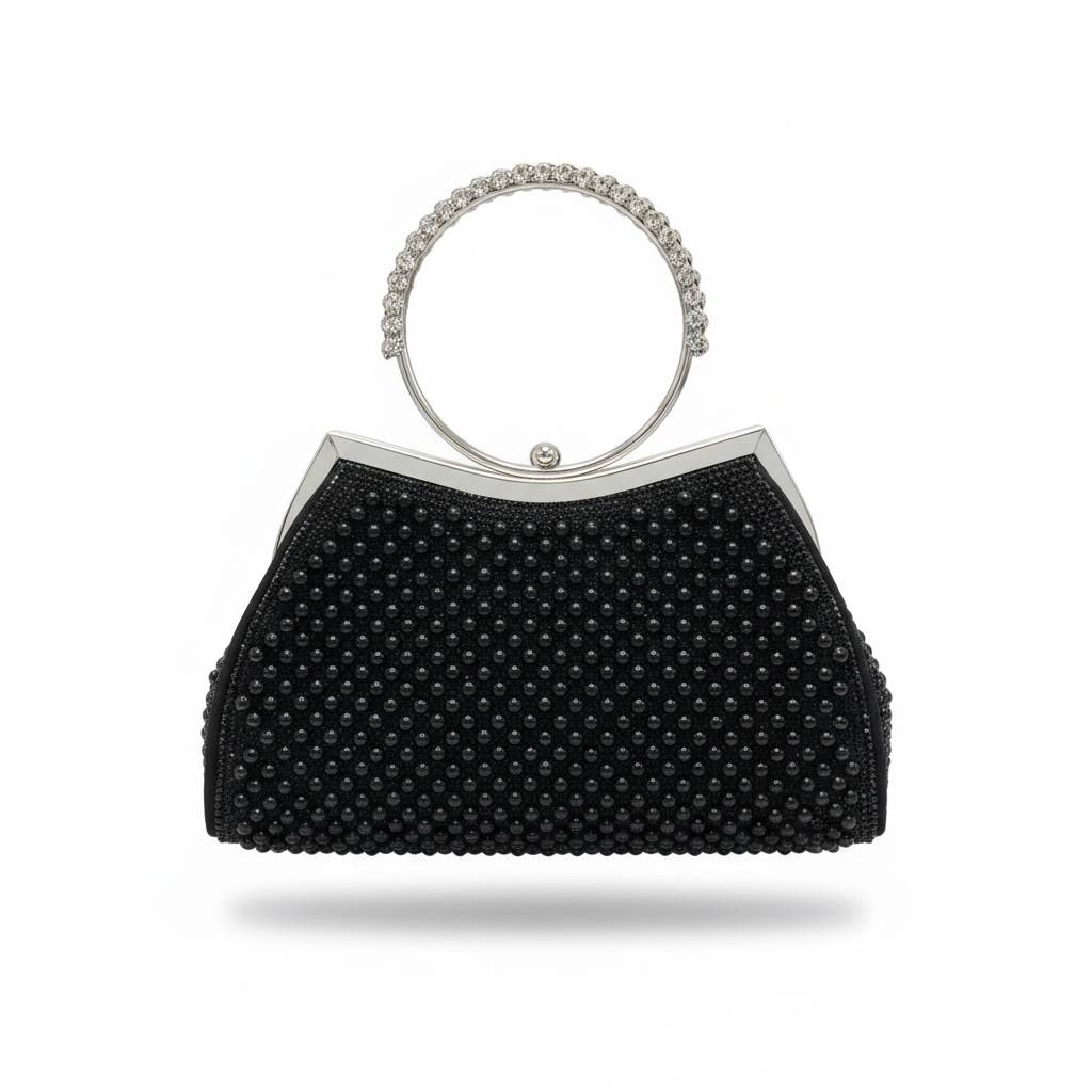 Midnight Pearl Halo Clutch ✨🖤 | Crystal Ring Handle Evening Bag