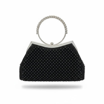 Midnight Pearl Halo Clutch ✨🖤 | Crystal Ring Handle Evening Bag