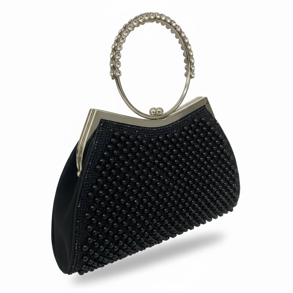 Midnight Pearl Halo Clutch ✨🖤 | Crystal Ring Handle Evening Bag