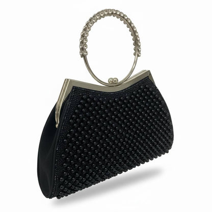 Midnight Pearl Halo Clutch ✨🖤 | Crystal Ring Handle Evening Bag