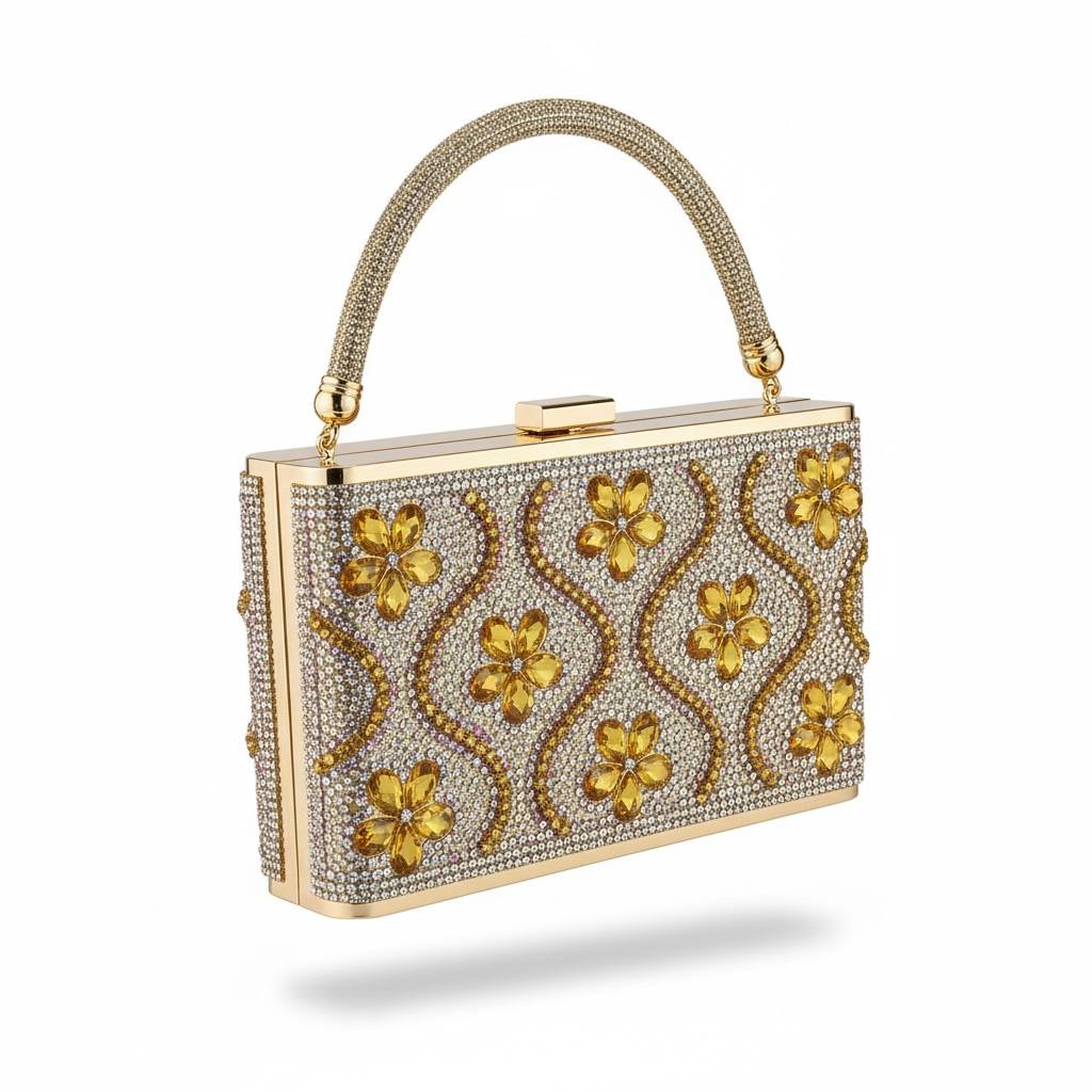 Golden Blossom Crystal Clutch 🌼✨ | Luxury Floral Evening Bag