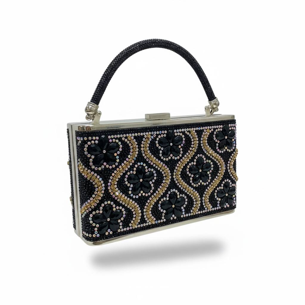 Midnight Floral Crystal Clutch 🖤✨ | Black Luxe Evening Box Bag