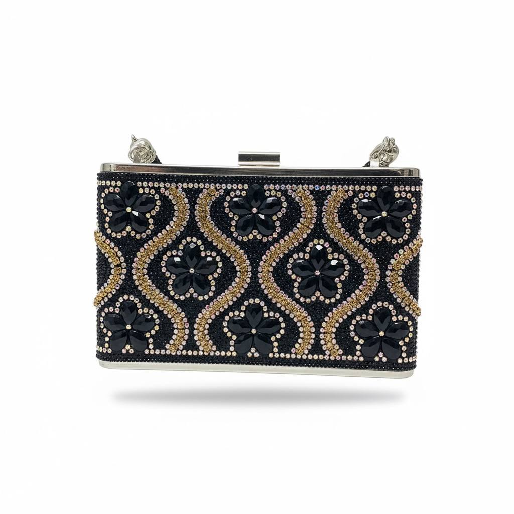 Midnight Floral Crystal Clutch 🖤✨ | Black Luxe Evening Box Bag