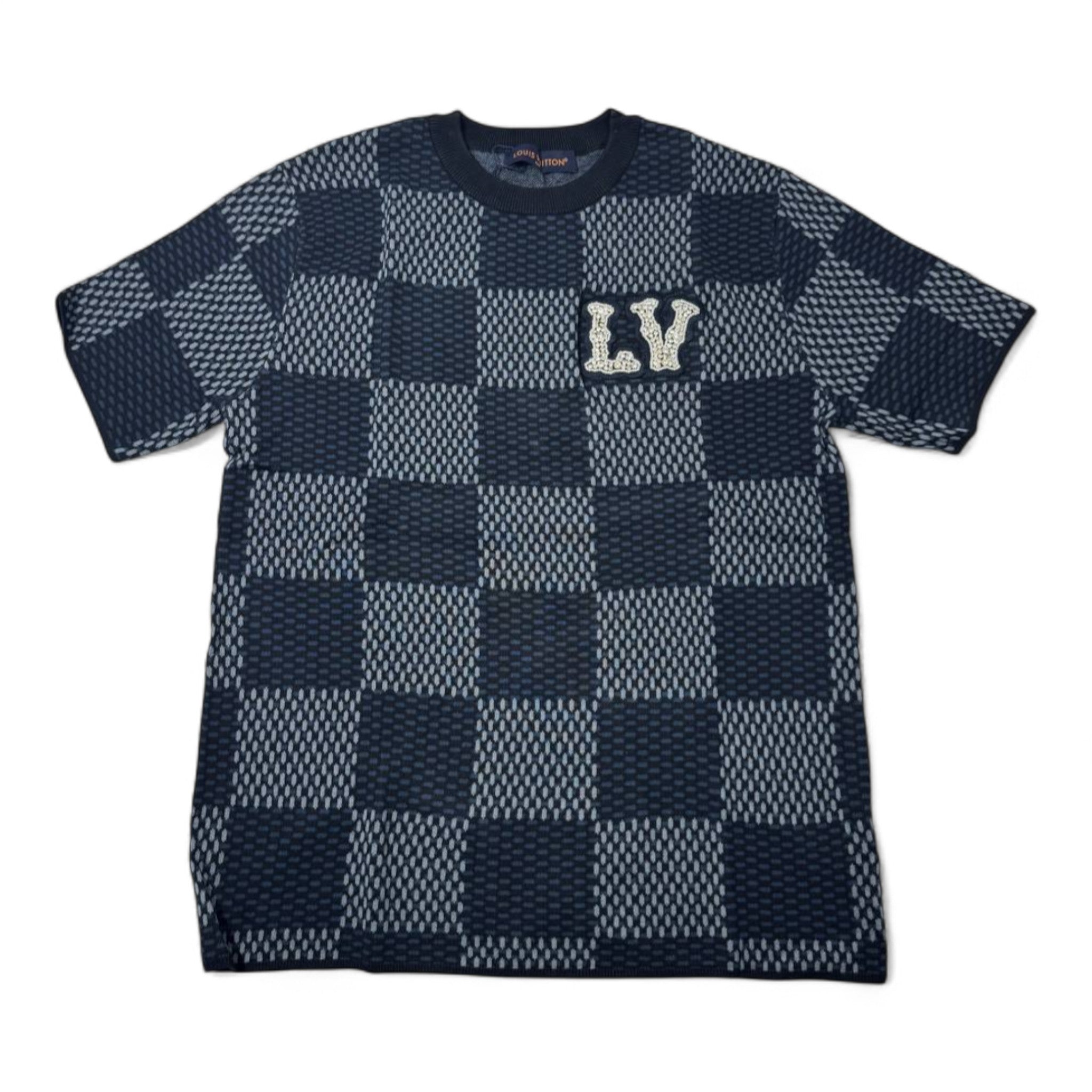 🧵 Louis Vuitton LV Knit Checkerboard Tee – Navy Monogram Style 🔷🖤