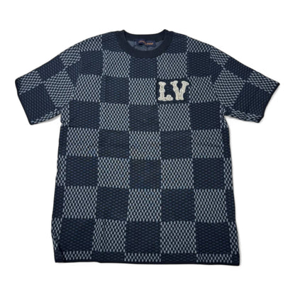 🧵 Louis Vuitton LV Knit Checkerboard Tee – Navy Monogram Style 🔷🖤