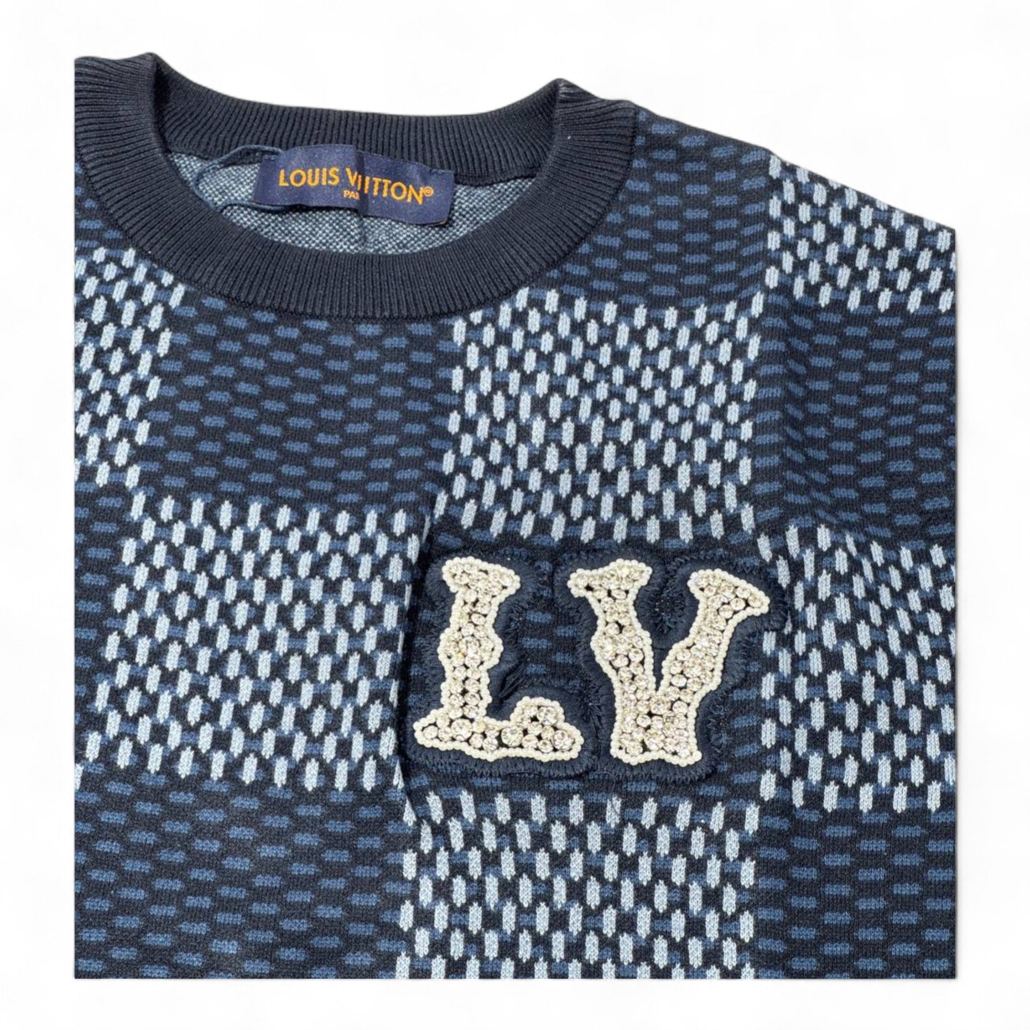 🧵 Louis Vuitton LV Knit Checkerboard Tee – Navy Monogram Style 🔷🖤