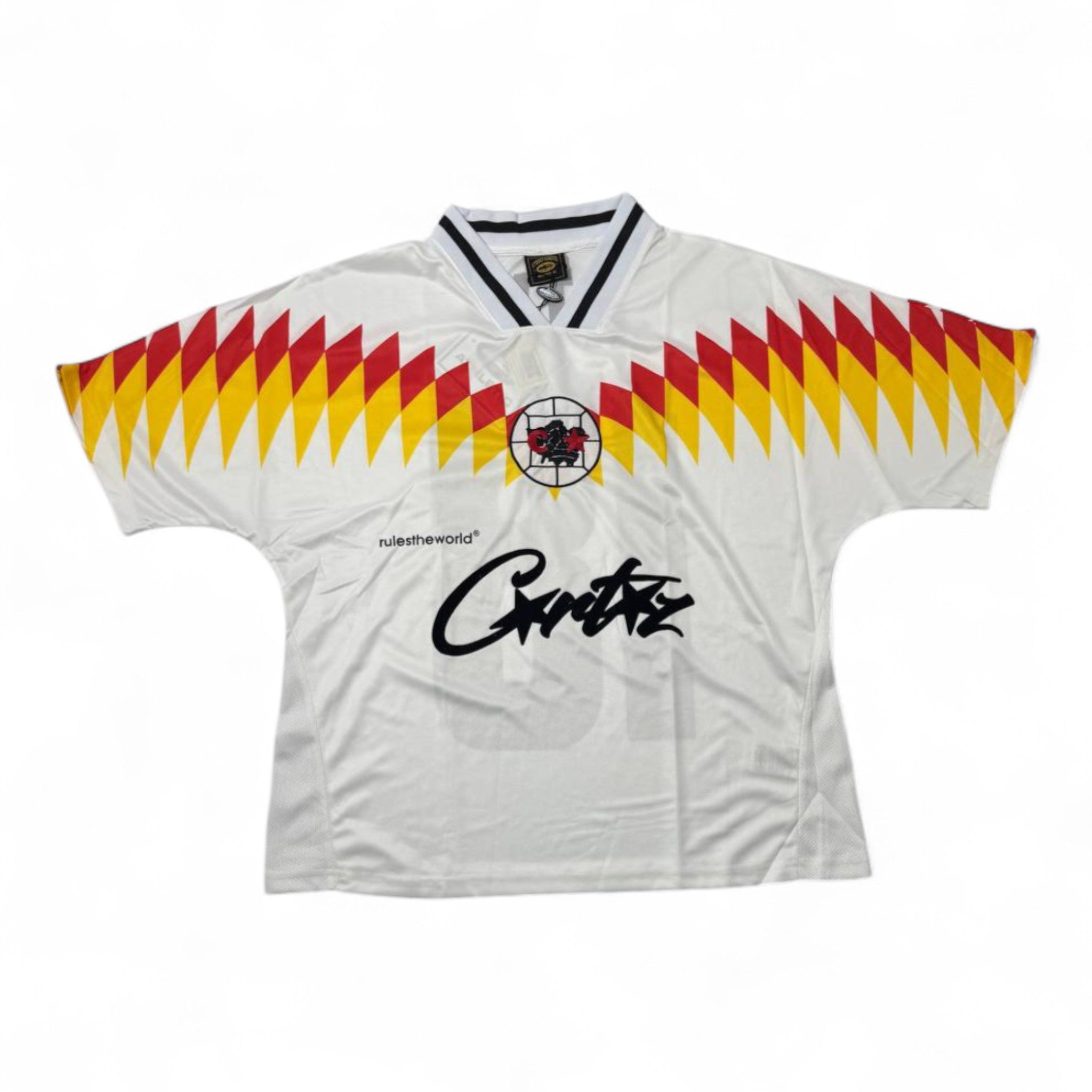 🔥 Corteiz “Rule The World” Jersey Tee – White/Red/Yellow ⚡🏀