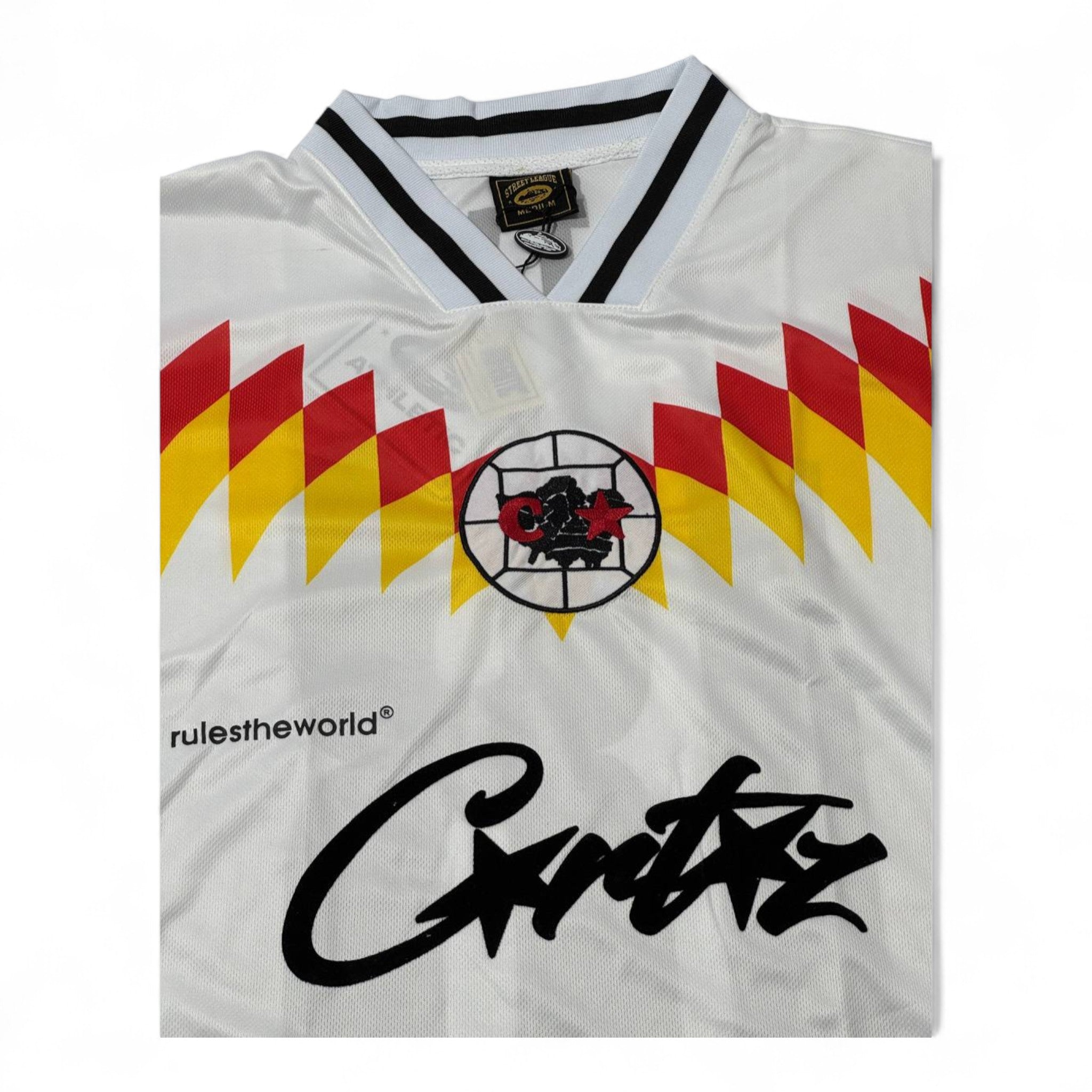 🔥 Corteiz “Rule The World” Jersey Tee – White/Red/Yellow ⚡🏀