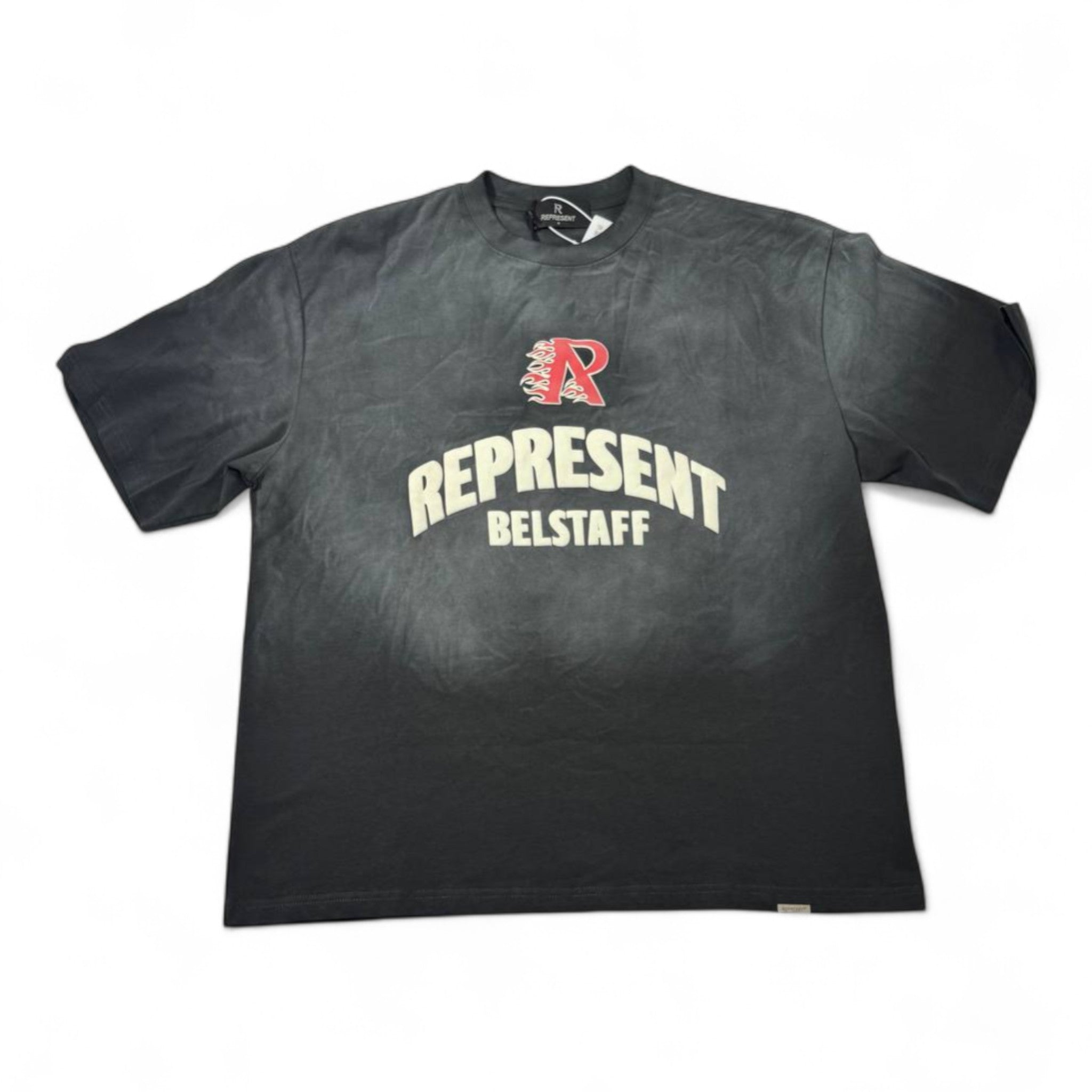 🔥 Represent x Belstaff “R Flames” Tee – Washed Black Collab Edition 🖤🔥