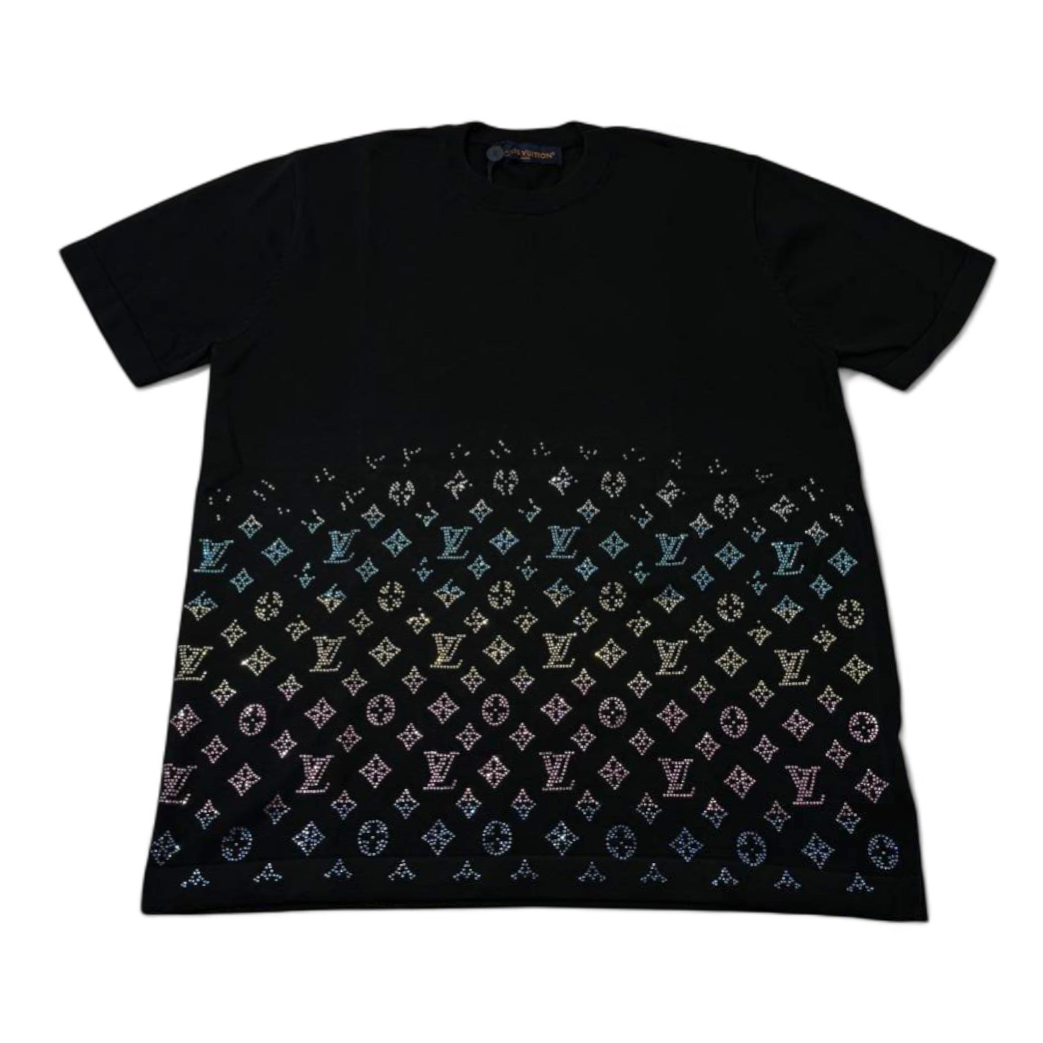 ✨ Louis Vuitton Monogram Crystal Gradient Tee – Black Rainbow Sparkle 🌈🖤