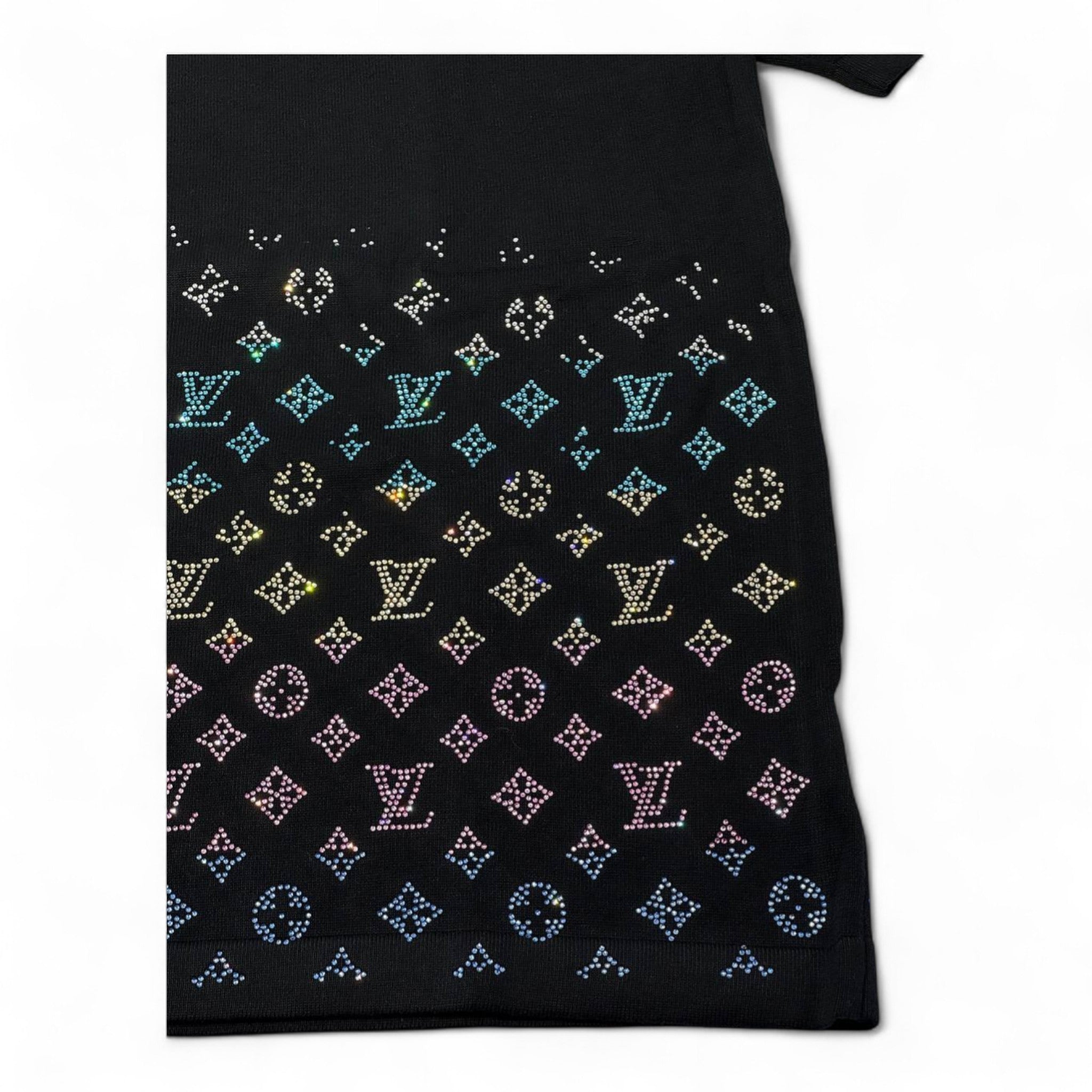 ✨ Louis Vuitton Monogram Crystal Gradient Tee – Black Rainbow Sparkle 🌈🖤