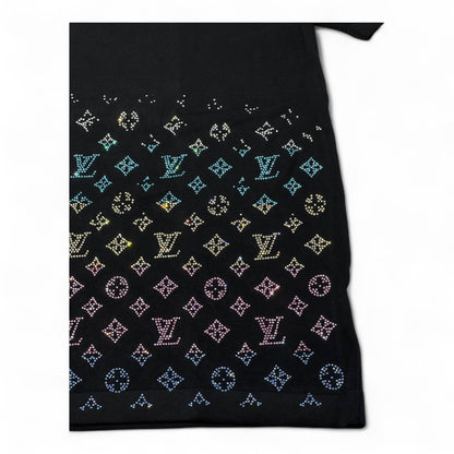 ✨ Louis Vuitton Monogram Crystal Gradient Tee – Black Rainbow Sparkle 🌈🖤