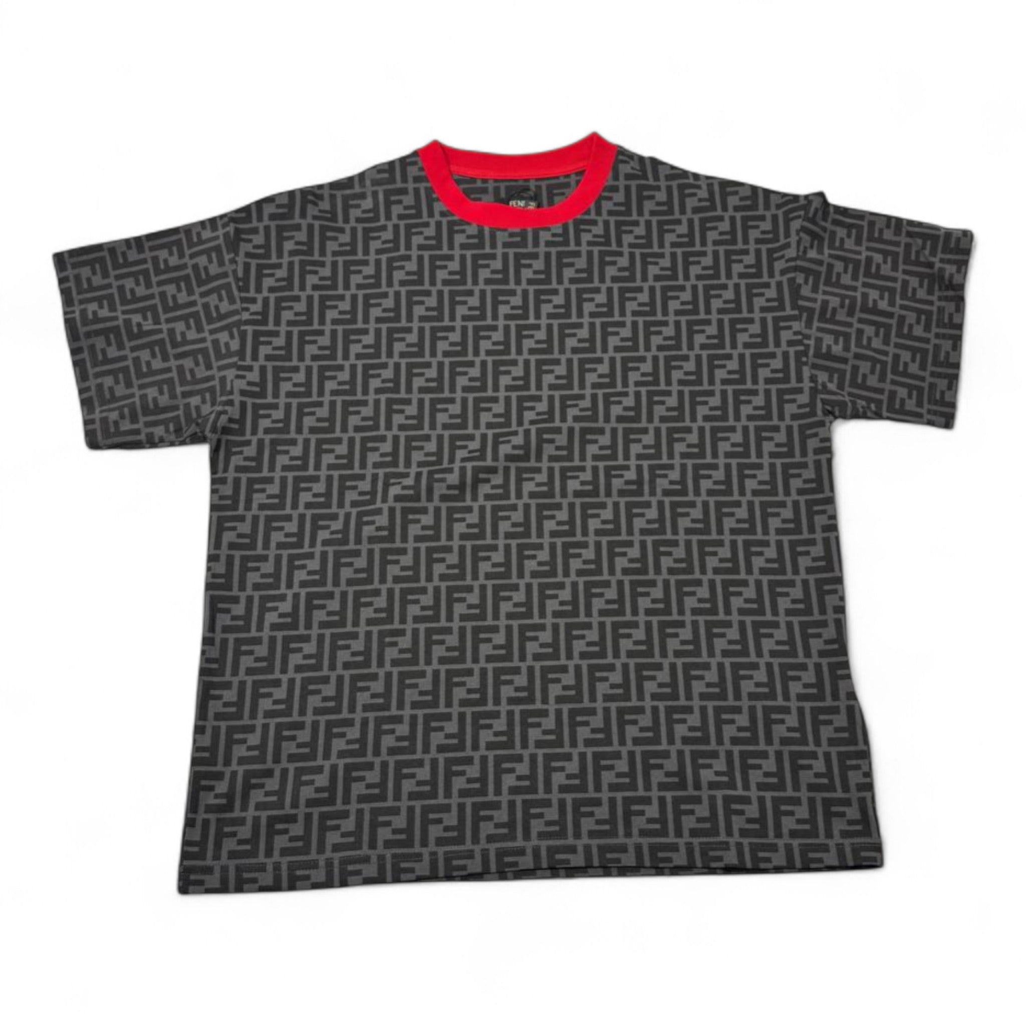 🔥 Fendi All-Over FF Monogram Tee – Charcoal & Red Collar Edition 🖤❤️