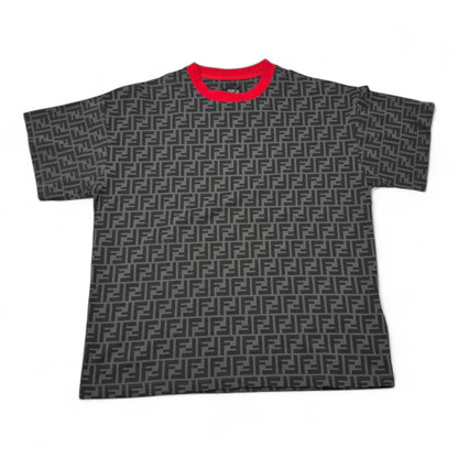 🔥 Fendi All-Over FF Monogram Tee – Charcoal & Red Collar Edition 🖤❤️