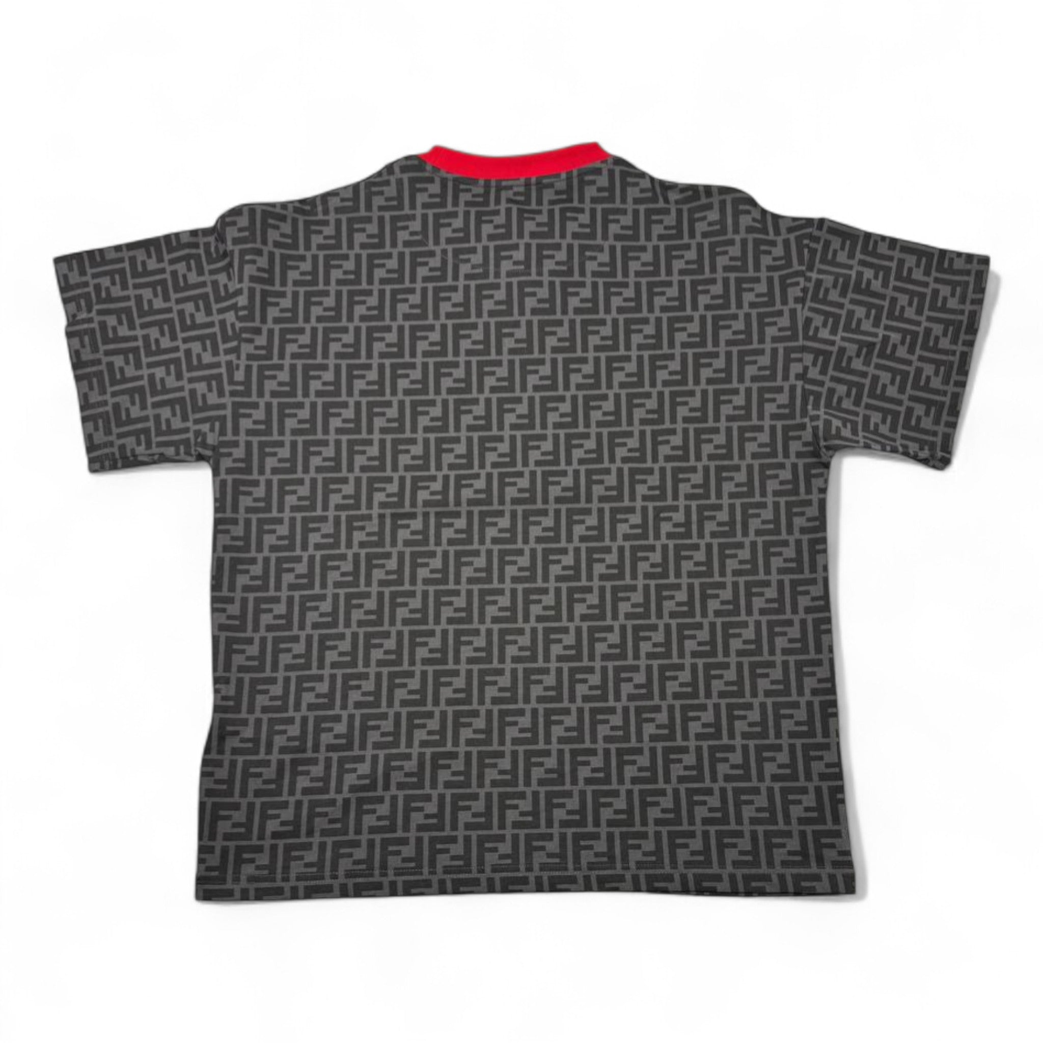 🔥 Fendi All-Over FF Monogram Tee – Charcoal & Red Collar Edition 🖤❤️