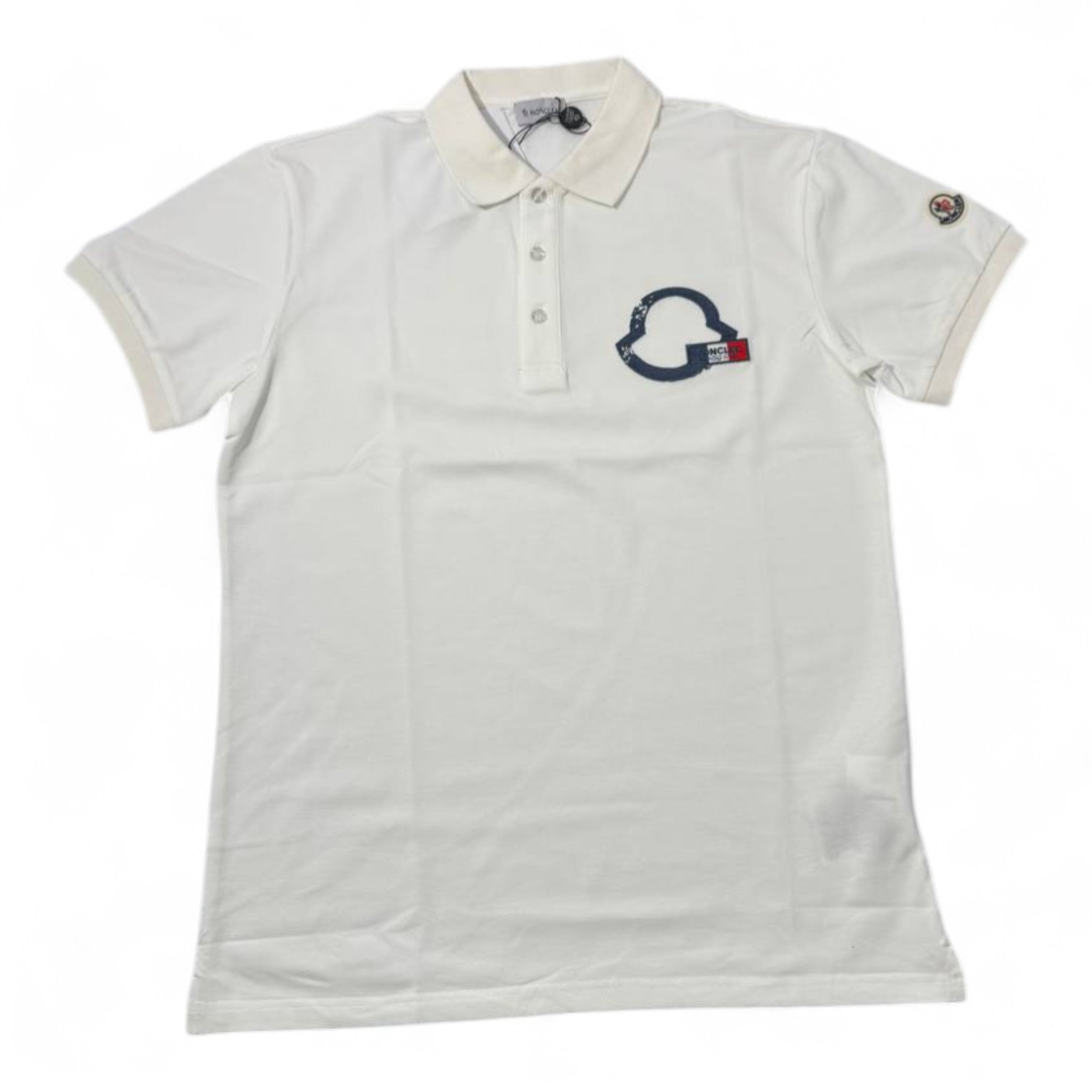 🤍 Moncler Classic Logo Polo – White with Navy Emblem & Sleeve Patch 🇮🇹✨