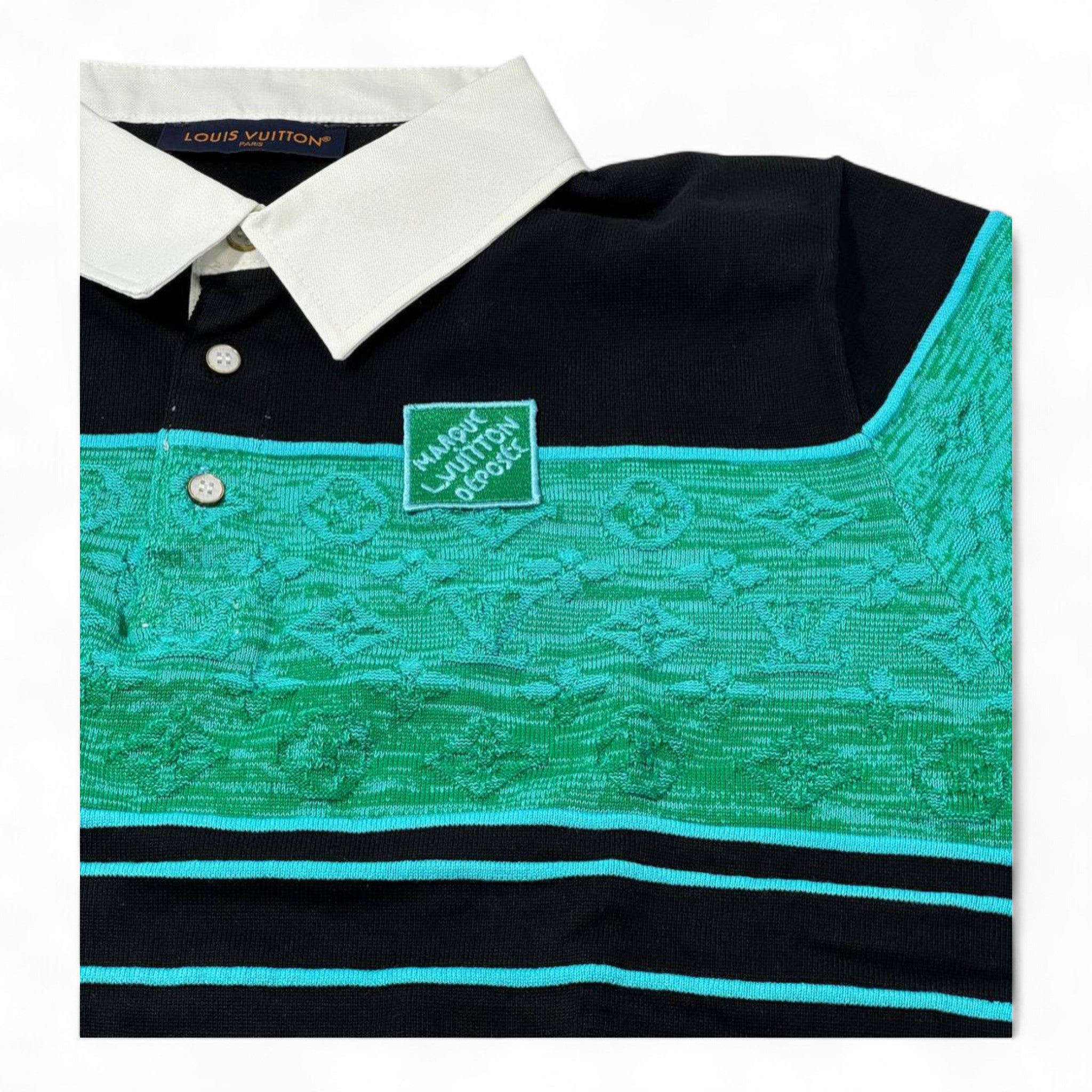 💚 Louis Vuitton Monogram Panel Polo – Green Jacquard x White Collar Edition 🖤