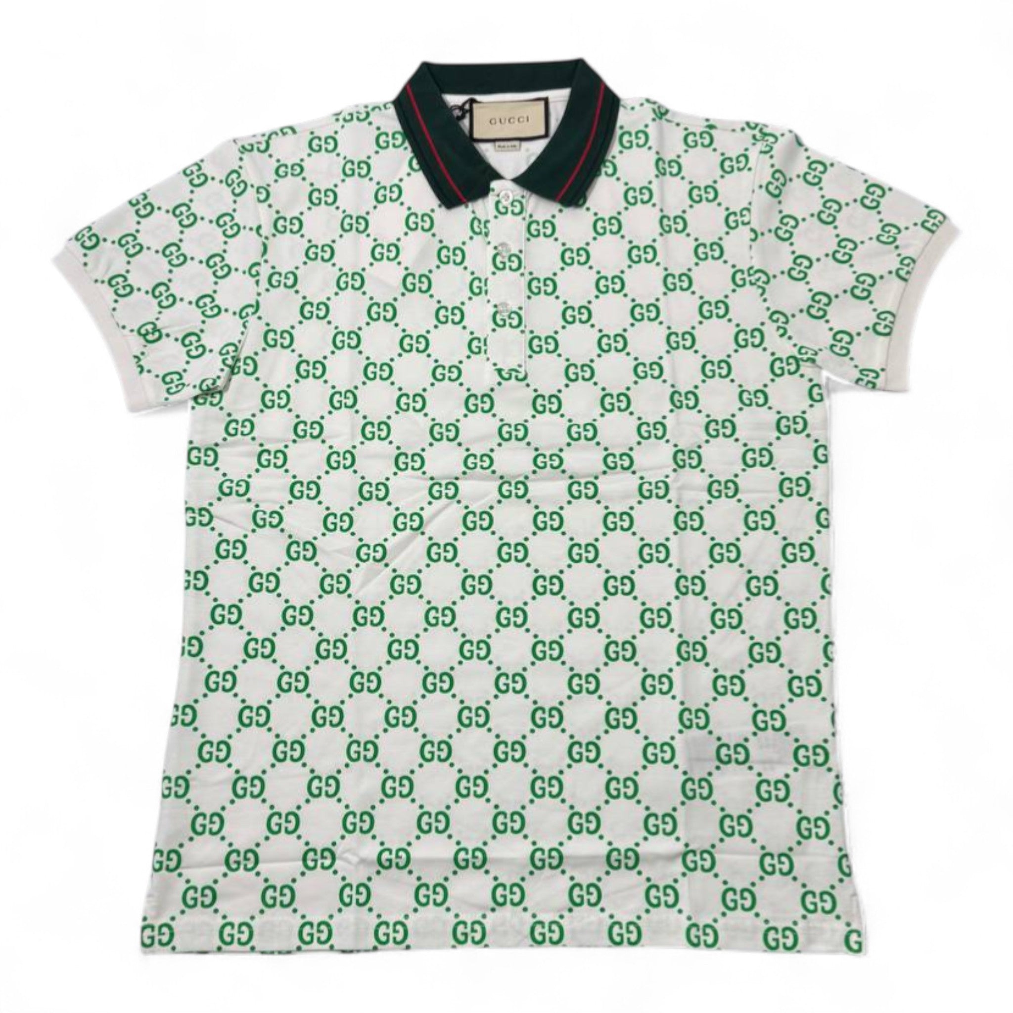 💚 Gucci All-Over GG Monogram Polo – White & Green with Web Collar 🇮🇹✨