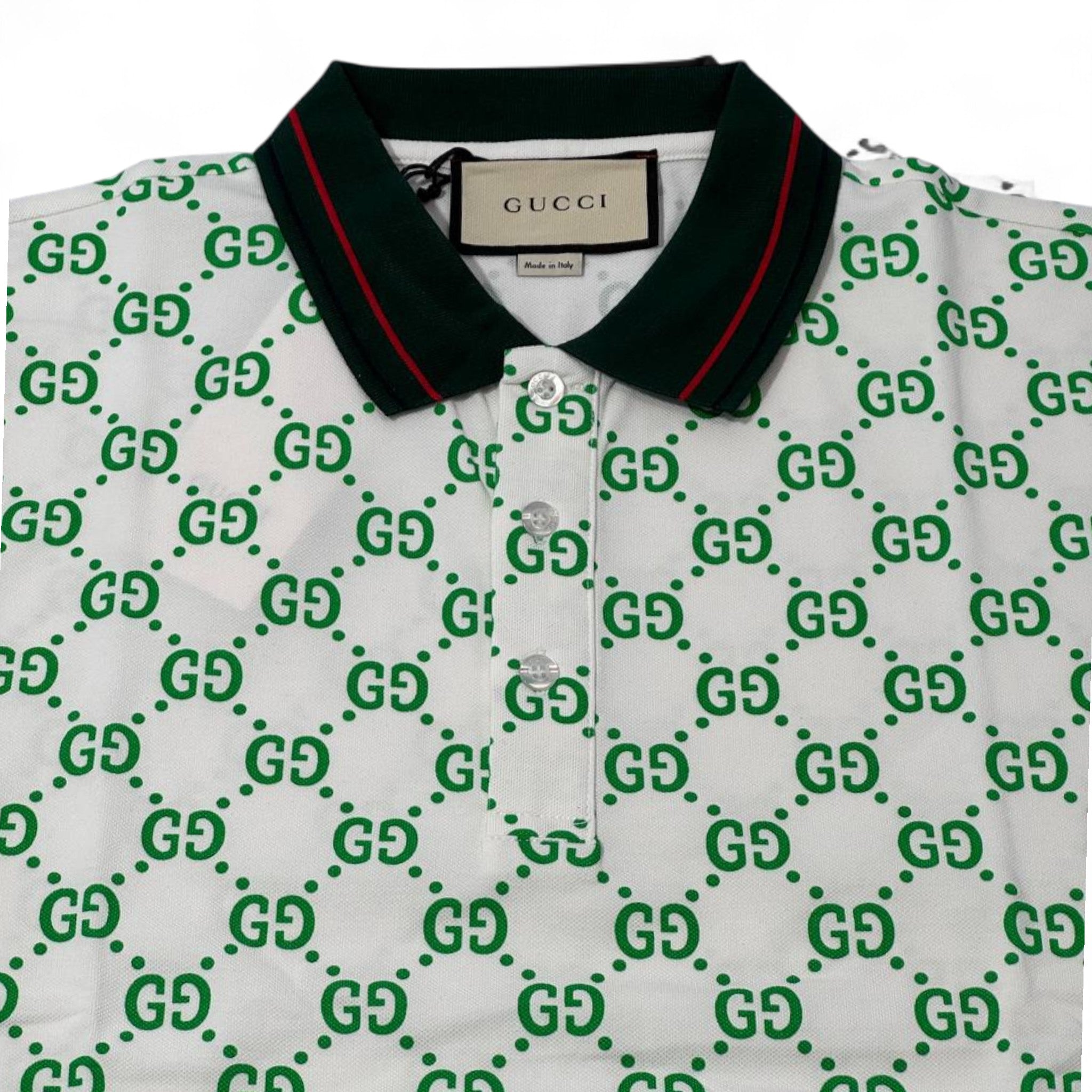 💚 Gucci All-Over GG Monogram Polo – White & Green with Web Collar 🇮🇹✨