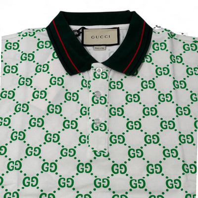 Gucci All-Over GG Monogram Polo – White & Green with Web Collar
