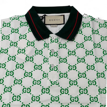 💚 Gucci All-Over GG Monogram Polo – White & Green with Web Collar 🇮🇹✨