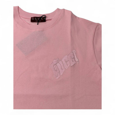 GUCCI Pink Graphic Logo Tee – Bold, Playful, Iconic