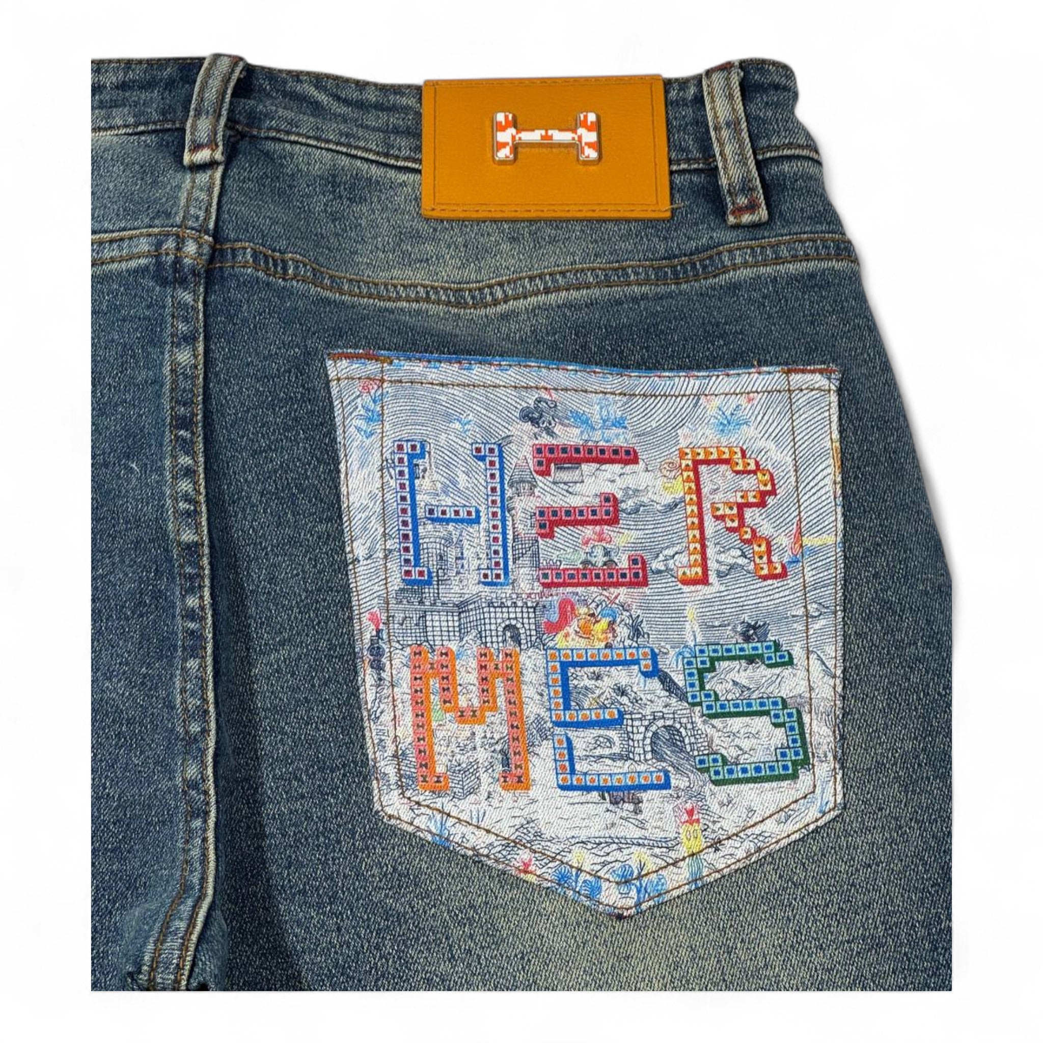 🧵 HERMÈS Embroidered Denim Jeans – Classic Craft, Playful Luxury 🎨