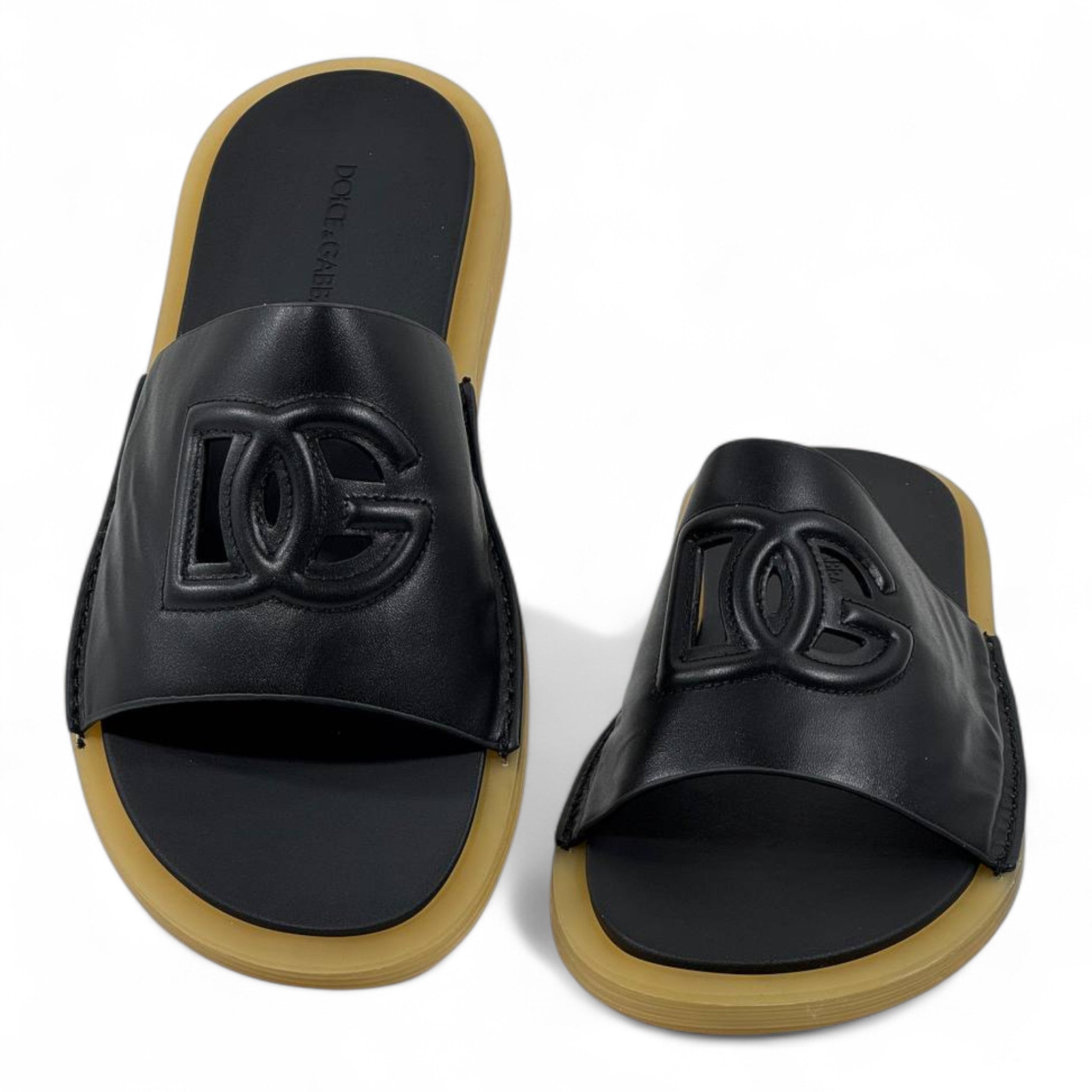 Dolce & Gabbana Signature Leather Slides – Black & Caramel Edition 🖤 | Luxury Summer Essential