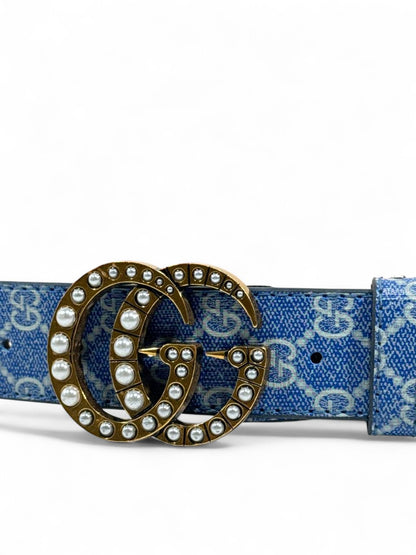 Gucci GG Pearl Denim Belt 💎 (115 cm) | Blue Monogram Luxury Edition
